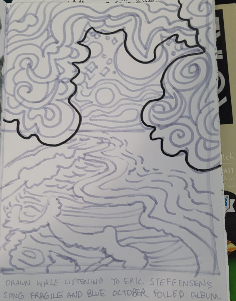 Drawing of a beach with waves, sky and clouds in grey and black marker.