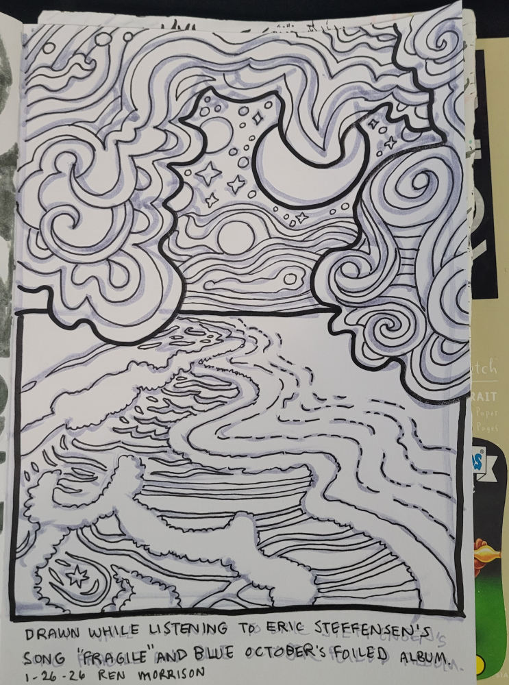 Drawing of a beach with waves, sky and clouds outlined in black marker.