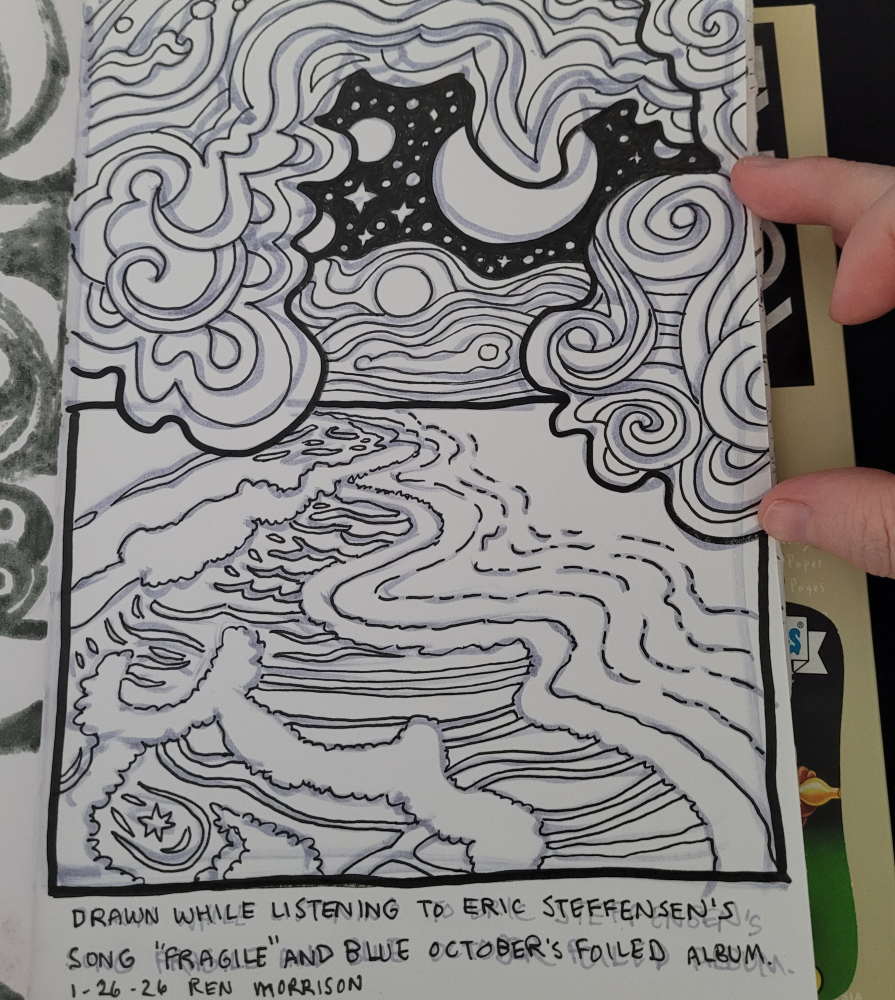 Drawing of a beach with waves, sky and clouds outlined with a black sky in black marker.