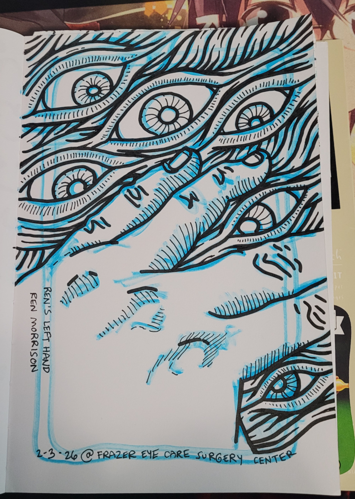 Drawing of my left hand and many eyes in blue marker and black pen.